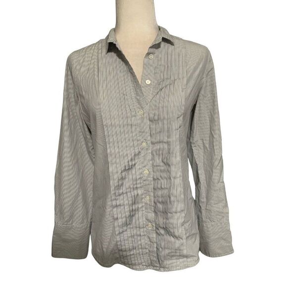 J Crew Womens White Gray Striped Long Sleeve Button Down Work Career Top 4 Small - Picture 1 of 3